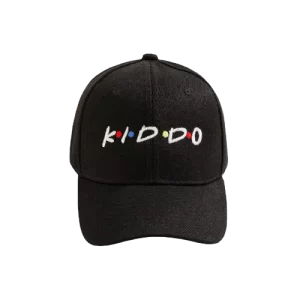 Youth-sized black cap with “KIDDO” embroidery in FRIENDS-style multi-color lettering