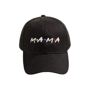 Stylish black mom hat with “MAMA” embroidery in multi-colored FRIENDS-inspired letters