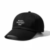 Black dad hat with bold white embroidery reading 