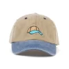 Tan dad hat with blue brim featuring embroidered hat-on-hat design – vintage casual cap