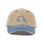 Tan dad hat with blue brim featuring embroidered hat-on-hat design – vintage casual cap