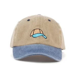 Tan dad hat with blue brim featuring embroidered hat-on-hat design – vintage casual cap